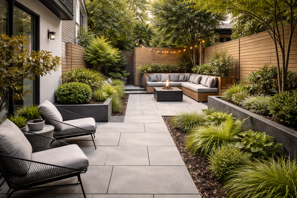 Compact urban garden layout with pavers, seating, and greenery
