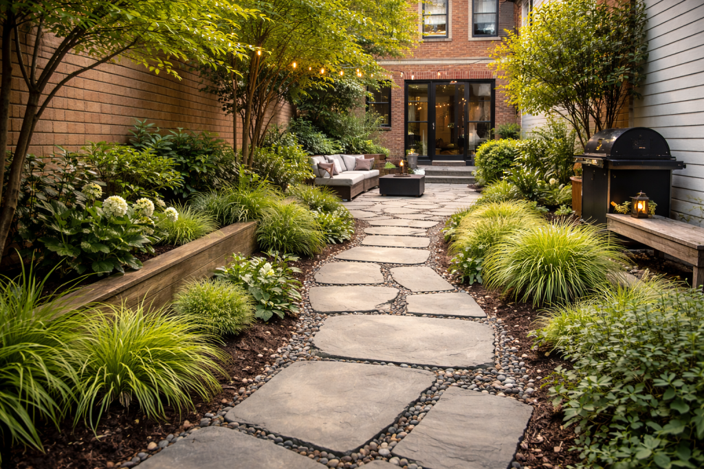 Garden path pavers guiding through a small Brooklyn backyard garden