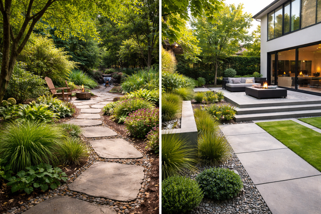 Split backyard showing natural garden with stone path on the left and modern patio with clean lines on the right