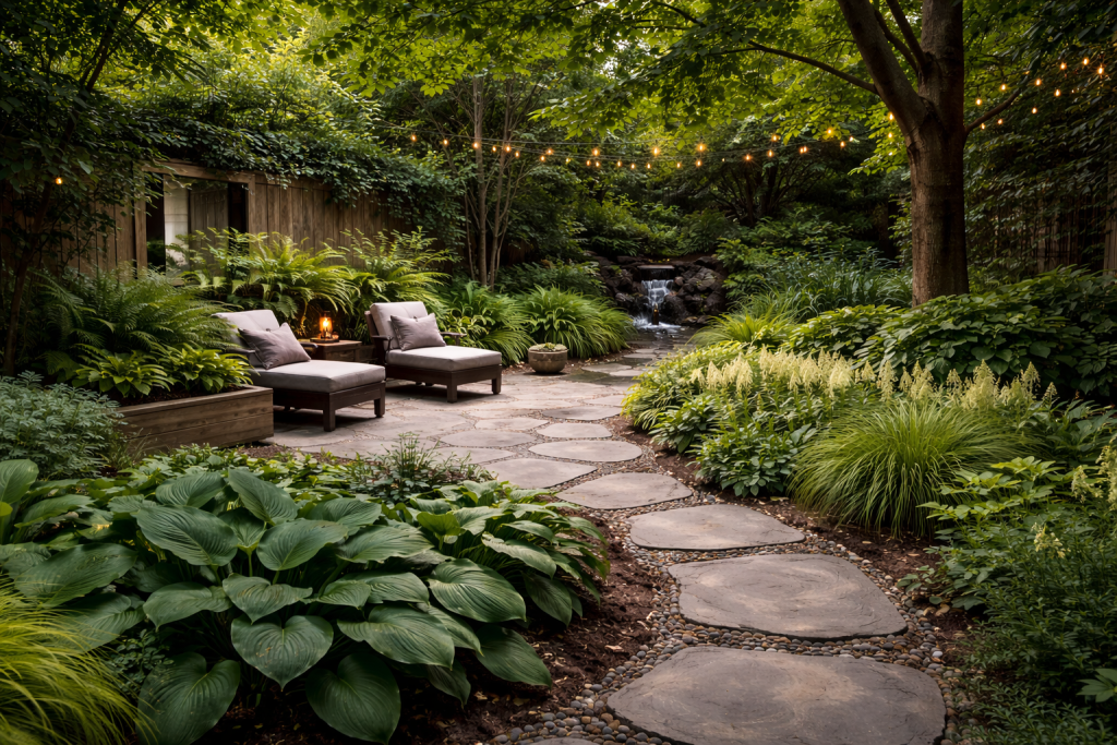 Shaded backyard garden with Garden Path Pavers, lush greenery, and a stone walkway designed for low-sunlight outdoor spaces