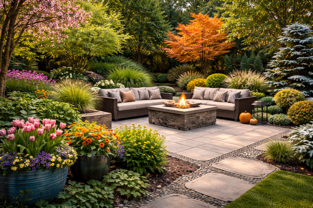 Seasonal backyard landscaping with stone patio, fire pit, and plants designed to look attractive throughout all four seasons
