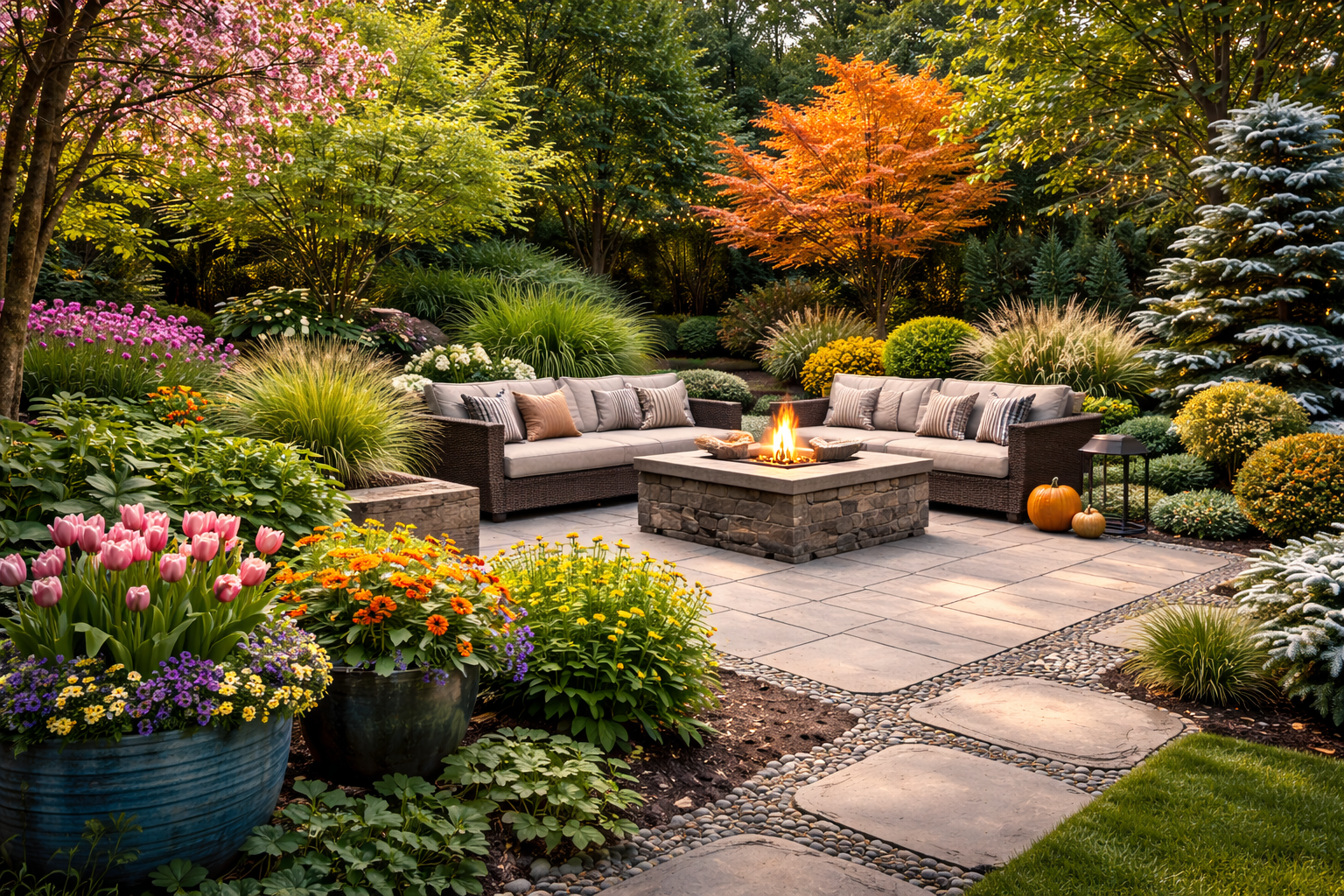 Seasonal backyard landscaping with stone patio, fire pit, and plants designed to look attractive throughout all four seasons
