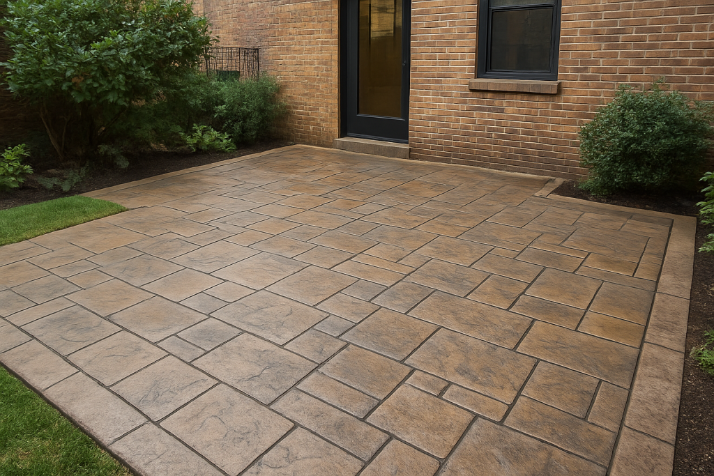 Stamped concrete patio in an NYC backyard with a natural stone pattern and clean, modern finish