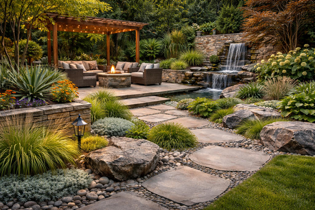 Outdoor textures landscaping using stone pavers, wood elements, and layered plants for visual depth