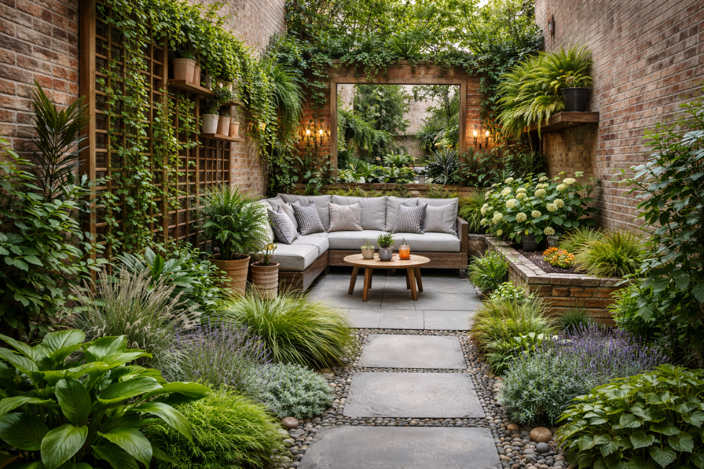 Small urban garden with stone pathway, vertical greenery, and reflective elements creating a sense of spaciousness