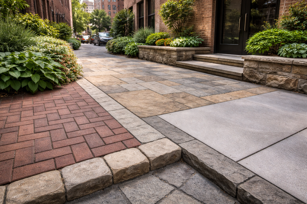 Brick, stone, and concrete paving materials used in an urban walkway, showing durability and performance in a city environment
