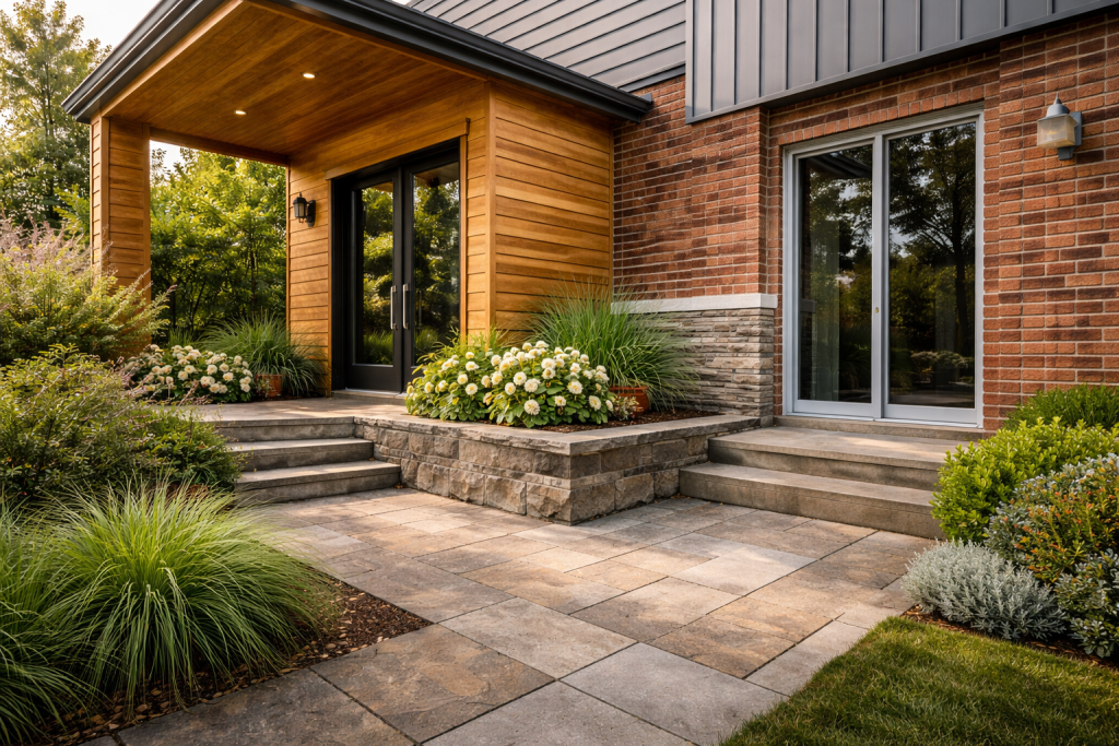 Modern home exterior featuring wood, brick, stone, and metal accents with a stone walkway and landscaping