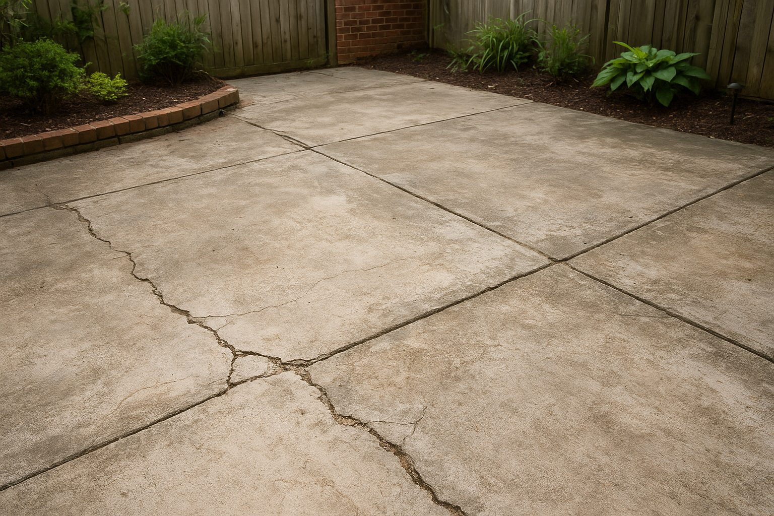 Weathered NYC concrete patio being restored with repair and resurfacing work