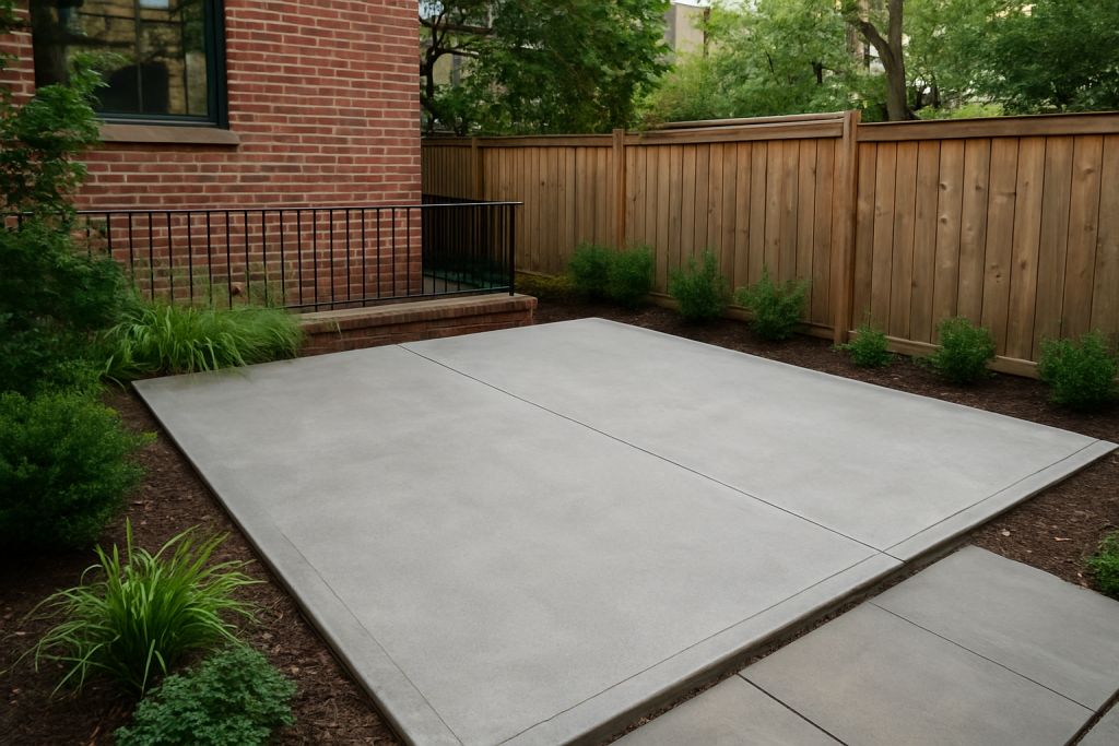 Concrete patio installed by professional contractors in a Queens backyard