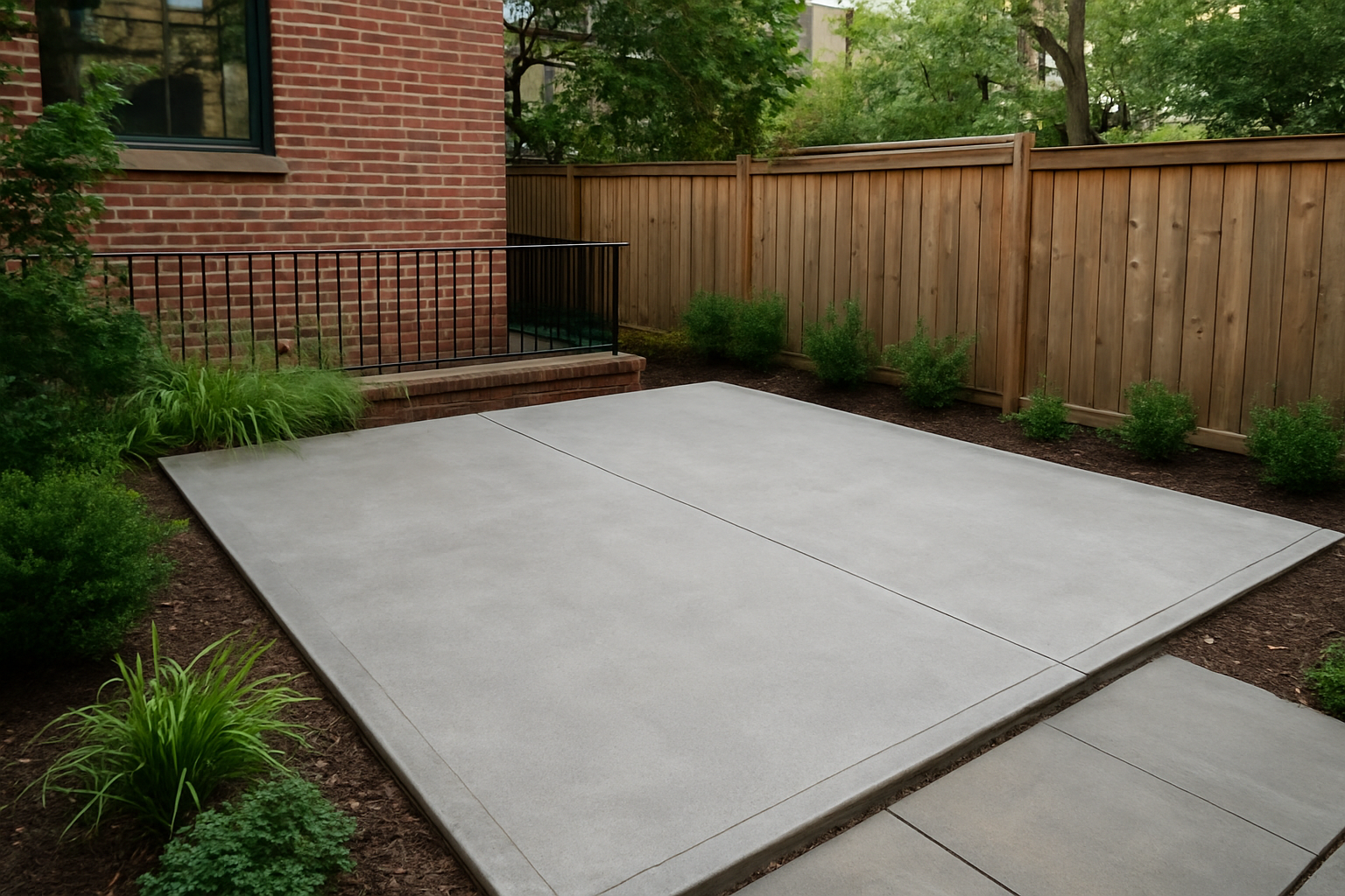 Concrete patio installed by professional contractors in a Queens backyard