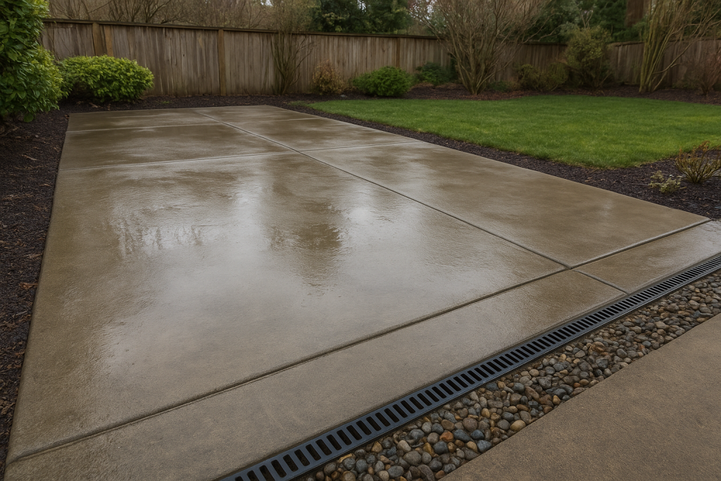 Wet concrete patio with standing water showing poor drainage on a New York backyard surface