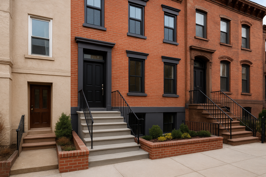 Exterior renovation of NYC townhouses showing upgraded facades, improved curb appeal, and increased home value in an urban neighborhood