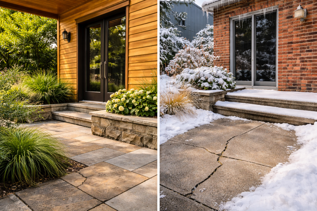 Exterior materials showing summer heat and winter freeze effects on wood, brick, stone, and concrete