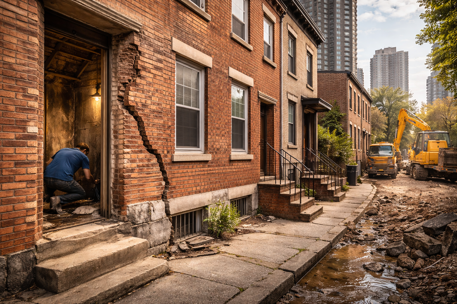 Structural stress visible on urban brick townhouse exterior