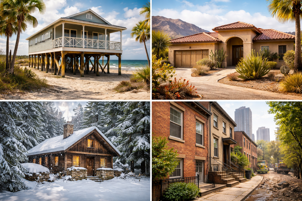 Homes designed for different climates using climate-appropriate exterior materials.