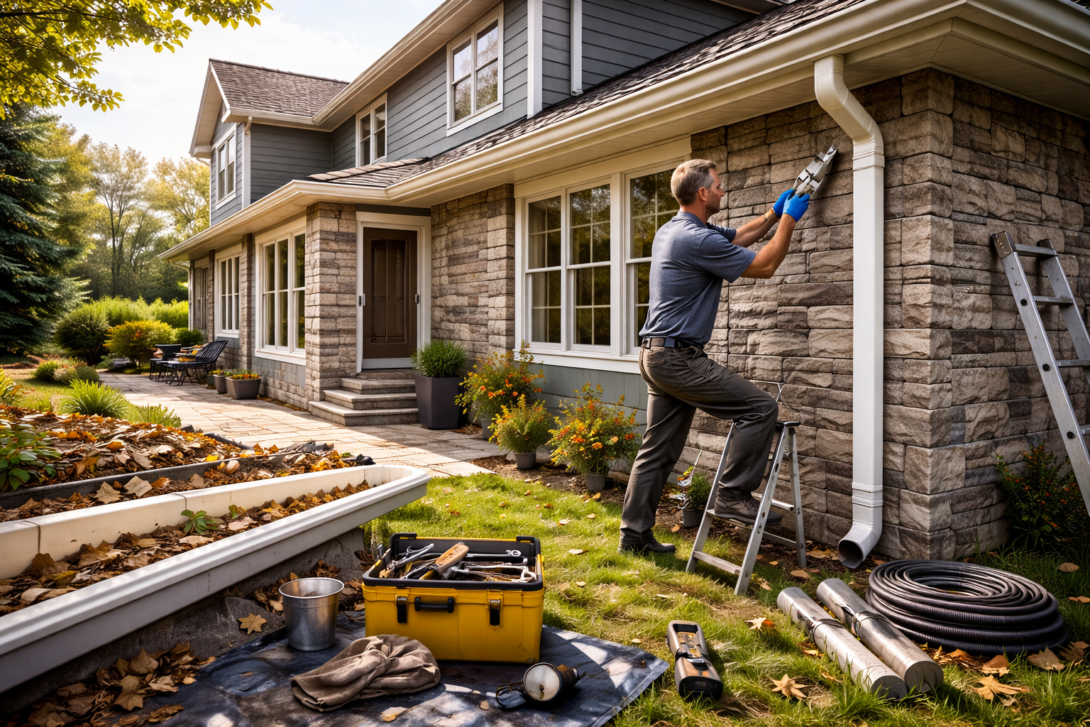 Preventive exterior maintenance on a residential home, sealing stone siding and clearing gutters to protect the structure and reduce long-term repair costs