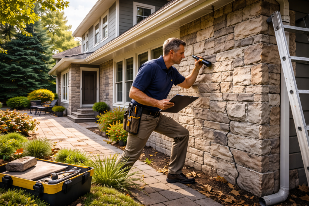 Professional inspector examining exterior stone wall for cracks during a regular exterior inspection to prevent structural damage and costly repairs