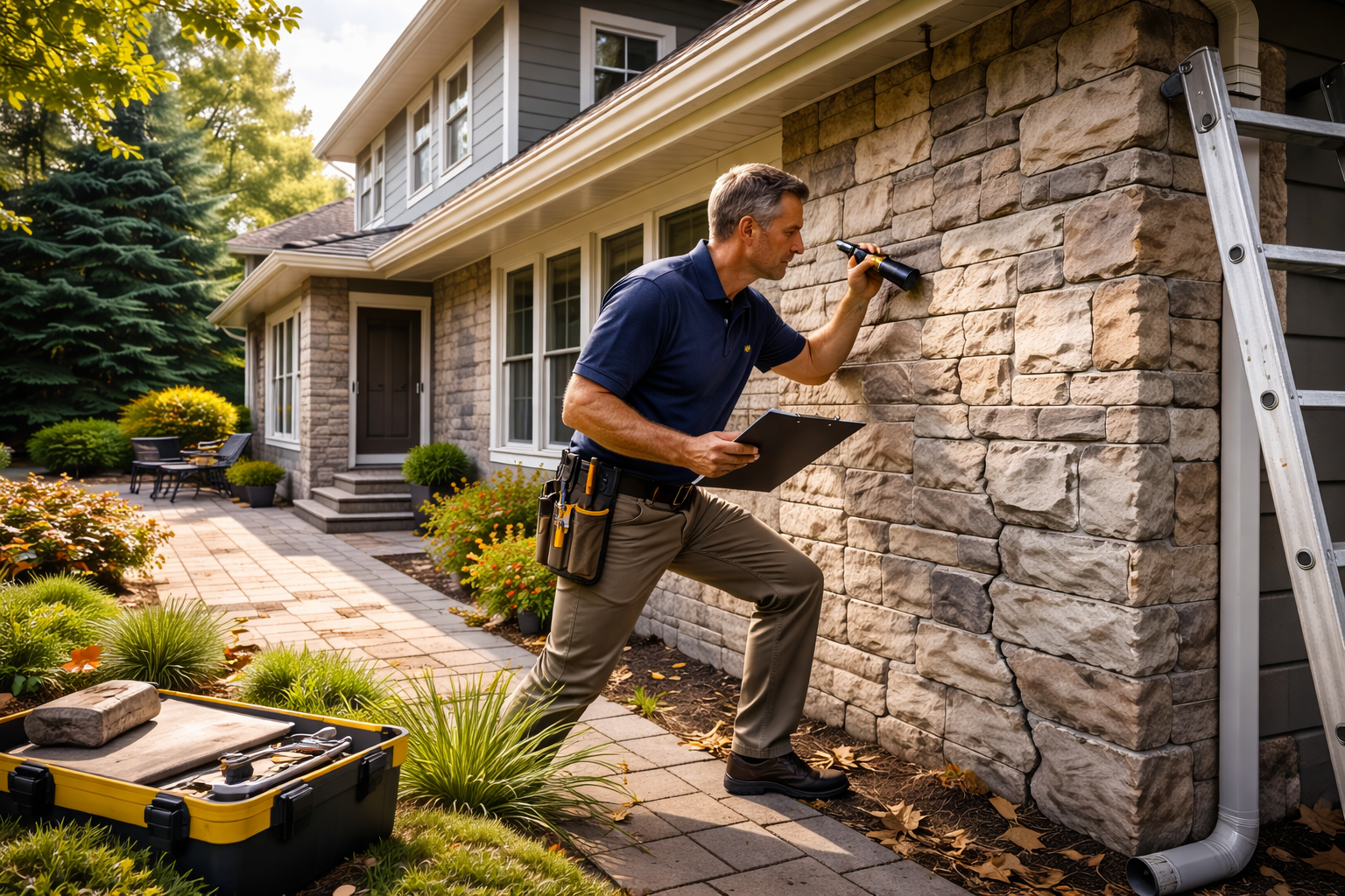 Professional inspector examining exterior stone wall for cracks during a regular exterior inspection to prevent structural damage and costly repairs