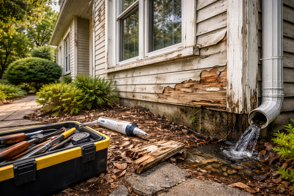 Neglected home exterior with peeling paint, rotting wood, and repair tools highlighting deferred maintenance