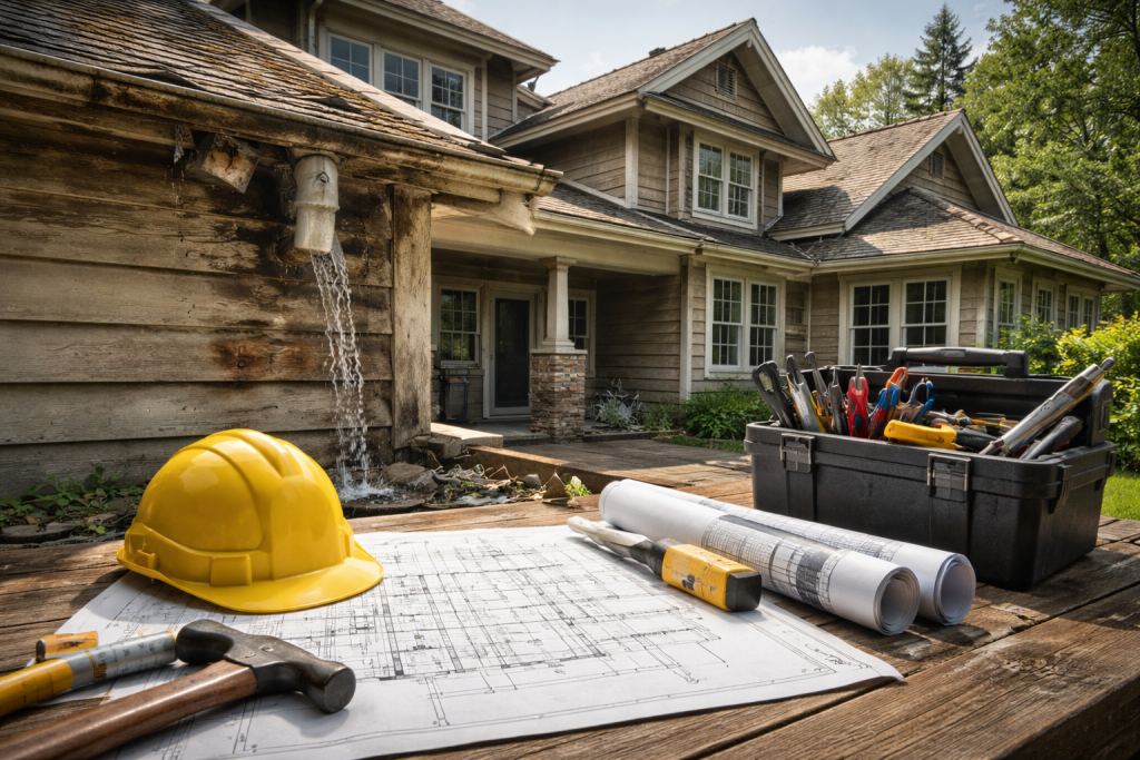 Suburban house with maintenance issues and tools showing design-driven upkeep needs
