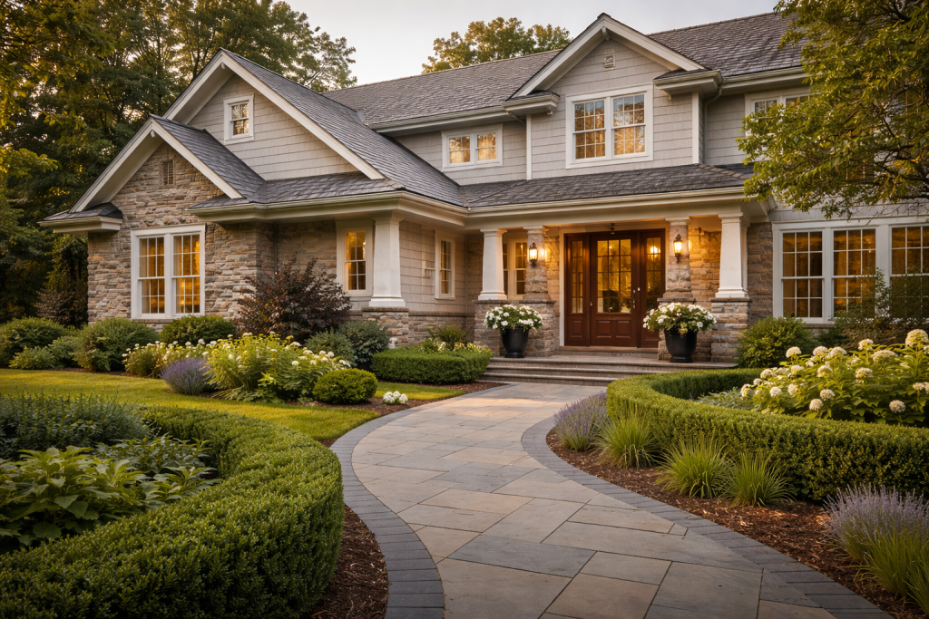 Timeless home exterior design featuring natural stone, neutral siding, clean rooflines, and a classic paver walkway that ages well over time