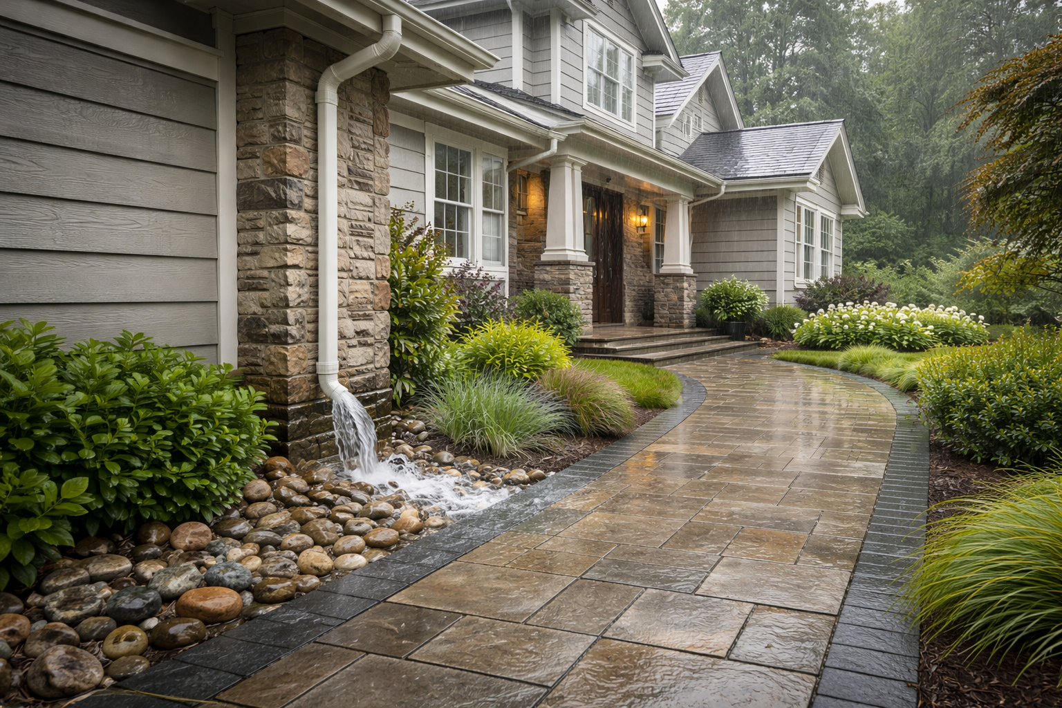 Suburban home with functional exterior design and effective rainwater drainage