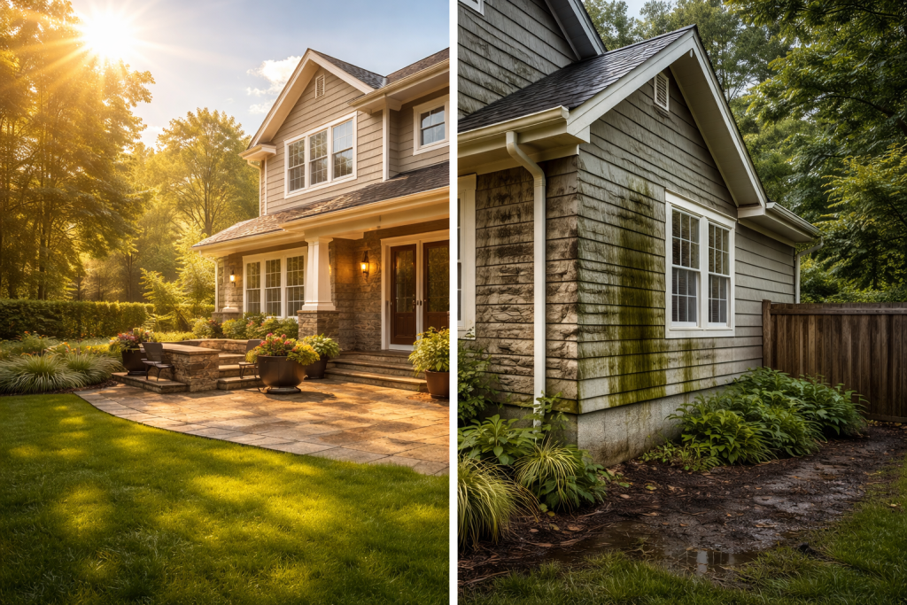House exterior showing weather damage caused by poor building orientation