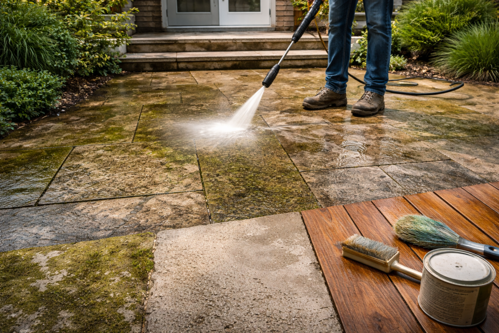 Exterior material surface finishes showing moss buildup and pressure washing on stone patio pavers
