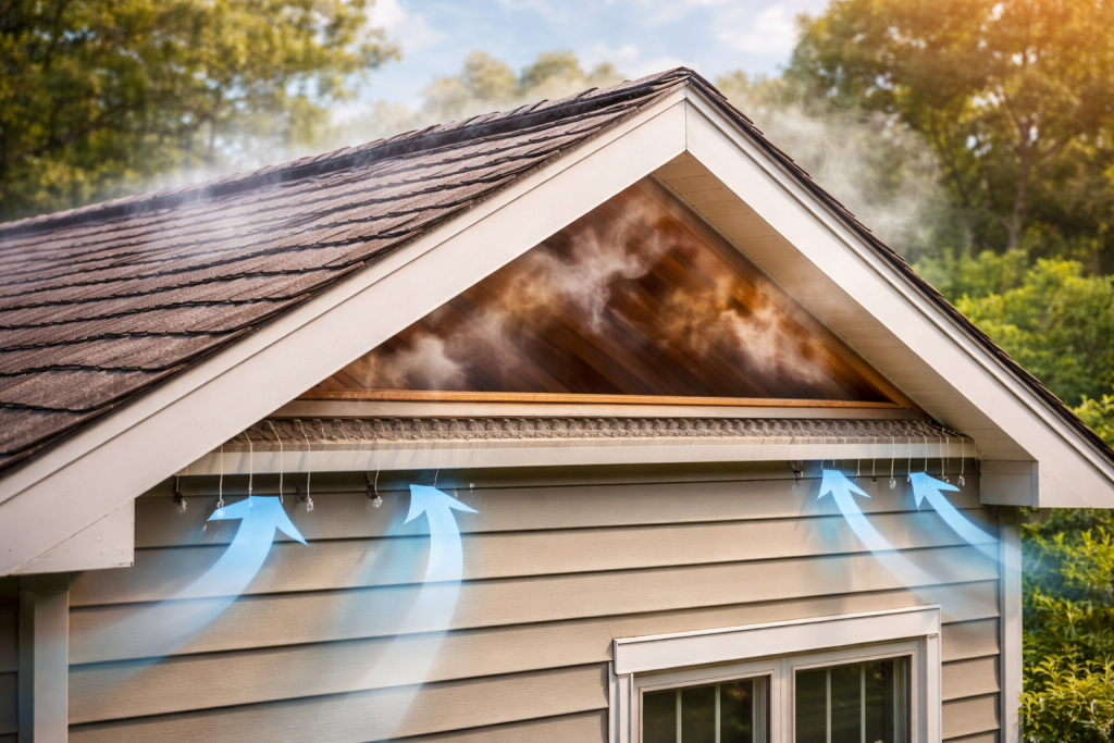 Proper attic ventilation system protecting building exteriors from moisture damage and condensation buildup
