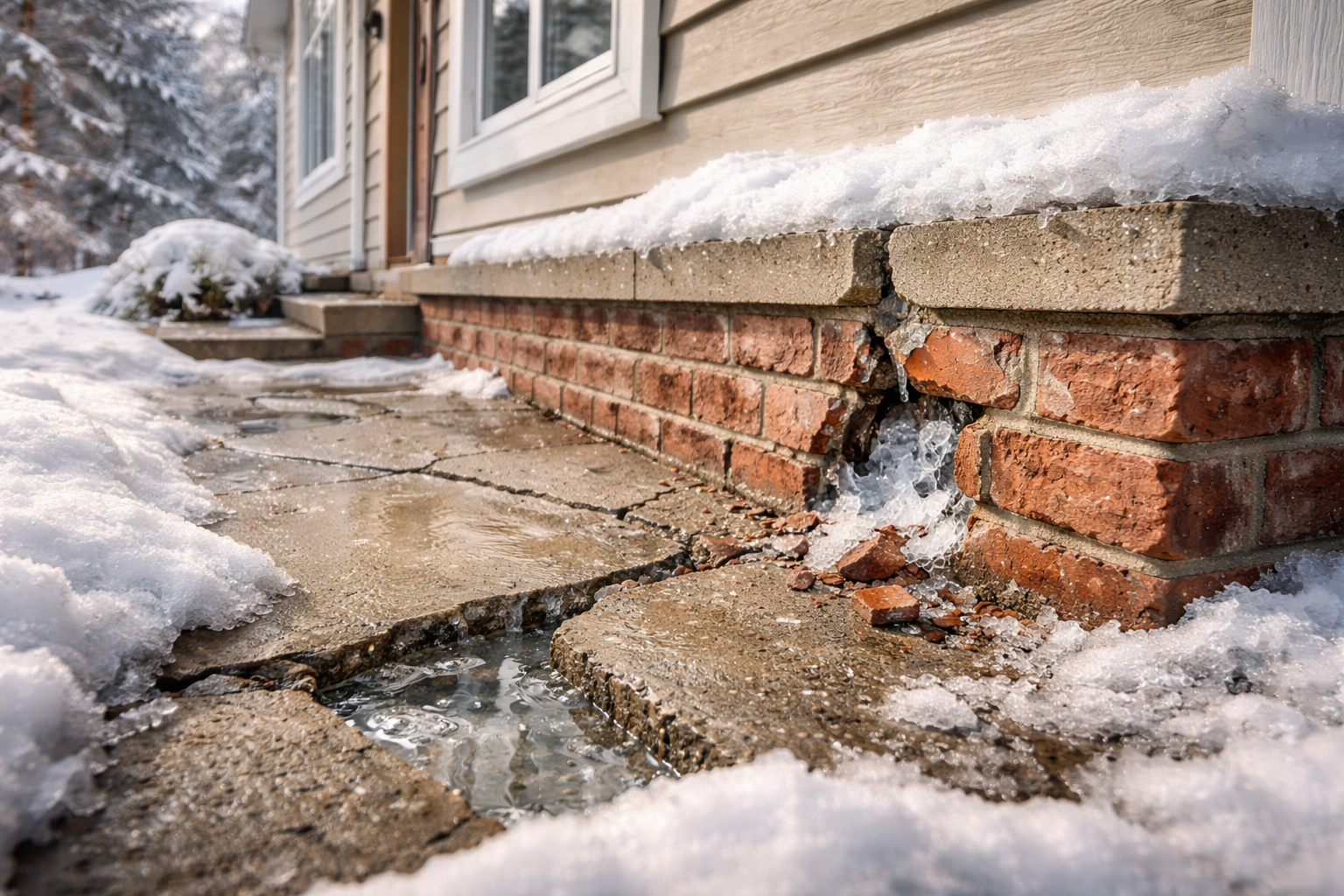Freeze-thaw cracks in brick foundation and concrete