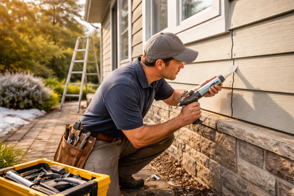 Professional contractor sealing exterior siding crack near foundation as part of preventive maintenance for buildings to extend structural life