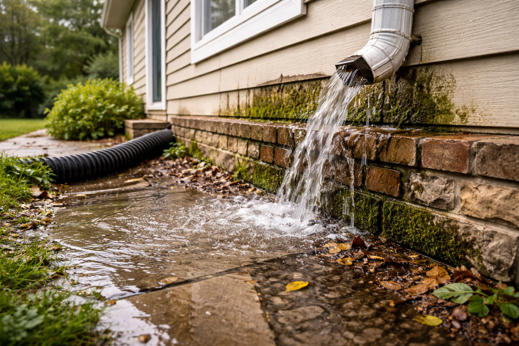 Poor drainage and exterior damage shown by overflowing gutter and standing water pooling against a brick foundation wall