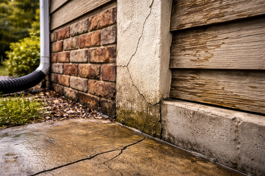 Life cycle of exterior materials shown through aging brick, cracked stucco, weathered wood siding, and worn concrete foundation