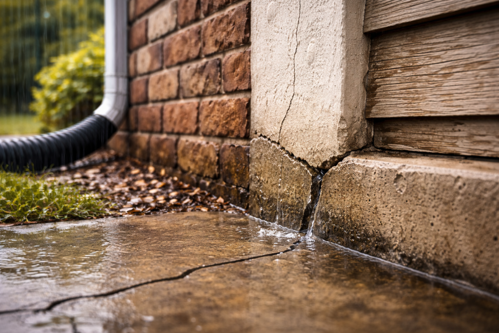 Minor cracks in a brick and concrete foundation during rainfall, showing water intrusion and early structural damage