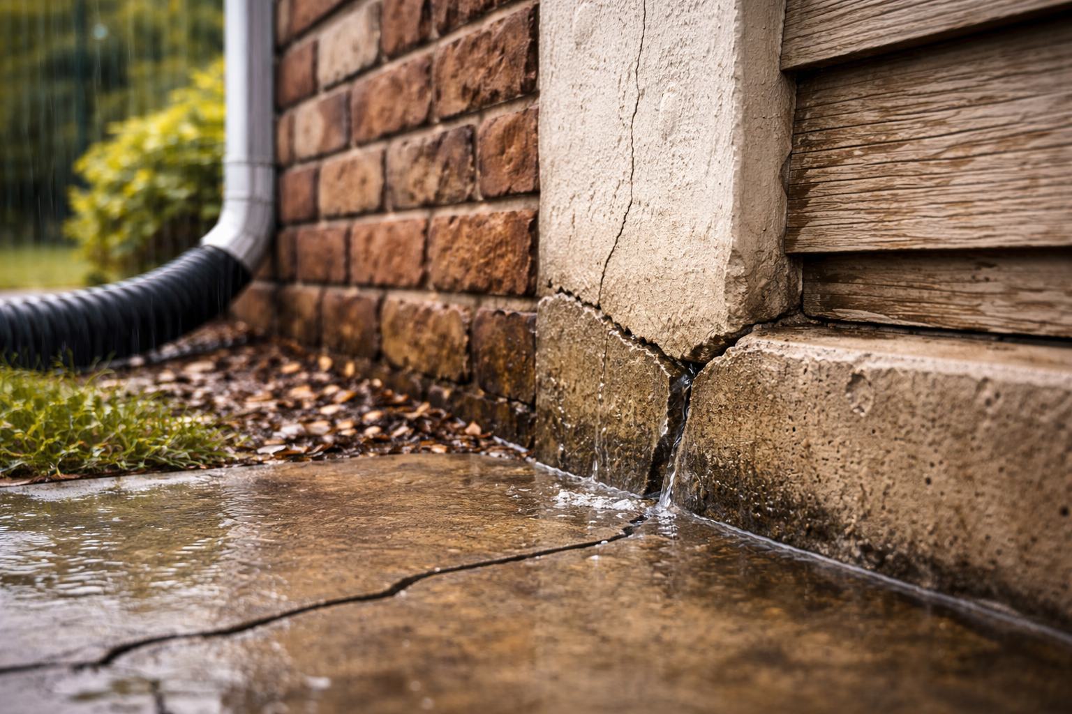 Minor cracks in a brick and concrete foundation during rainfall, showing water intrusion and early structural damage
