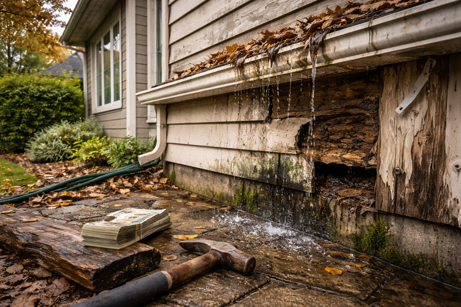 Neglected home exterior showing water damage and rot