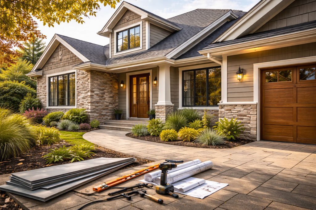 Modern home exterior showcasing durable, high-performance home upgrades