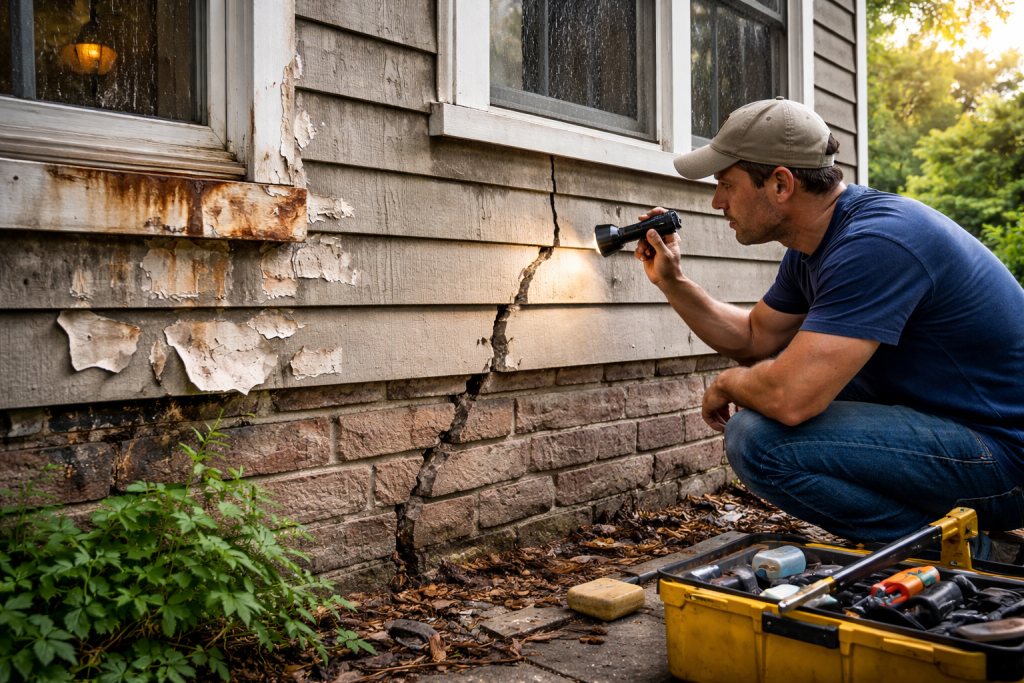 Homeowner inspecting a cracked wall and peeling paint on a house