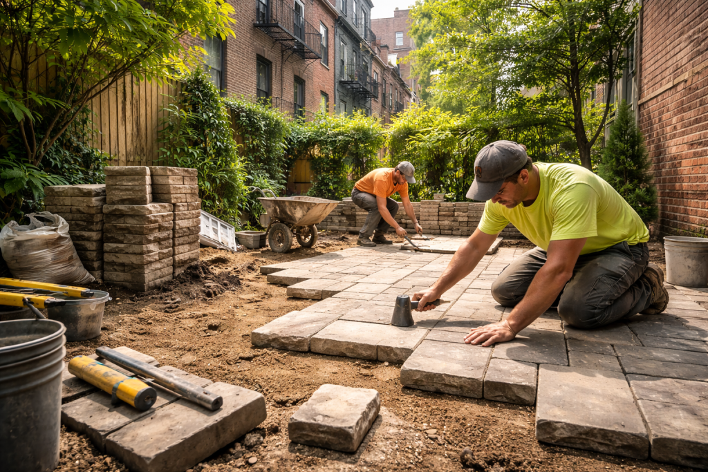 Professional crew installing a paver patio in a narrow NYC backyard, showing base preparation and stone placement during construction