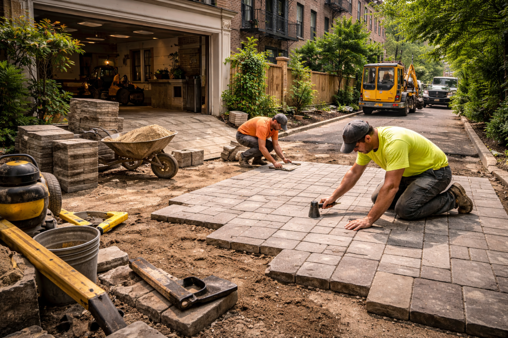 Workers installing stone pavers on a New York City residential driveway with tools and equipment nearby