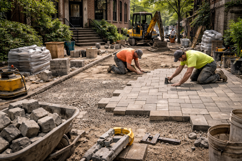 Professional paver installation in NYC backyard with compacted gravel base preparation and concrete pavers being laid in a modern grid pattern, reflecting 2026 per square foot paving costs in New York City