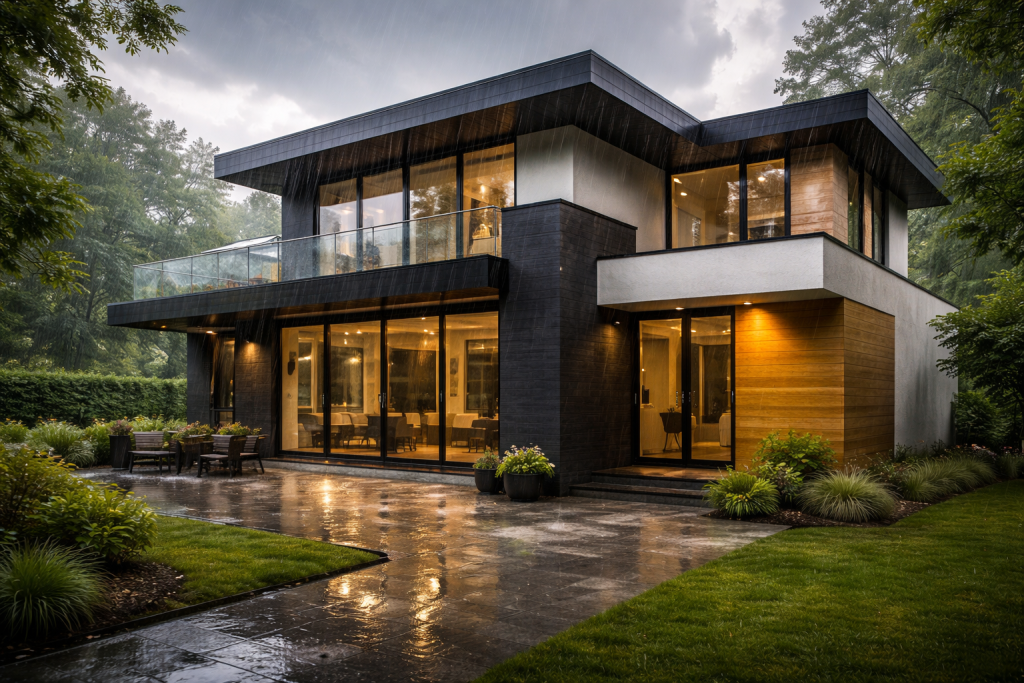 Modern two-story home with flat roof, dark cladding, and large windows exposed to harsh sunlight