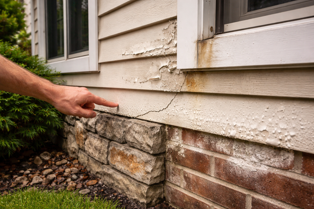 Close-up of home exterior showing hairline foundation crack, peeling paint, and moisture stains—early warning signs of exterior damage