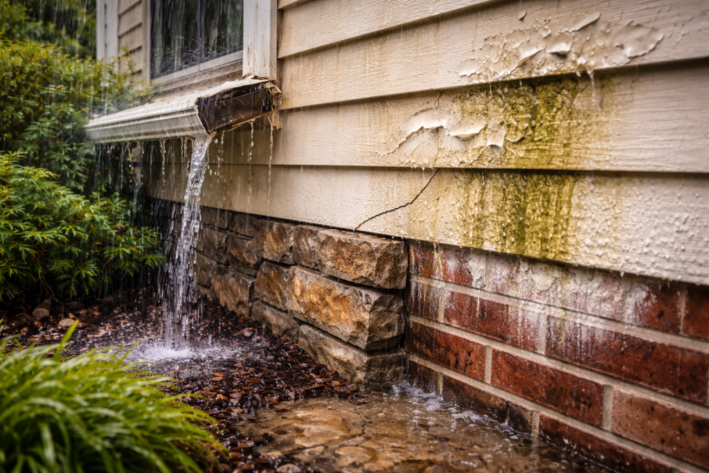 Moisture damage on home exterior with peeling paint, wall cracks, and water pooling near the brick foundation