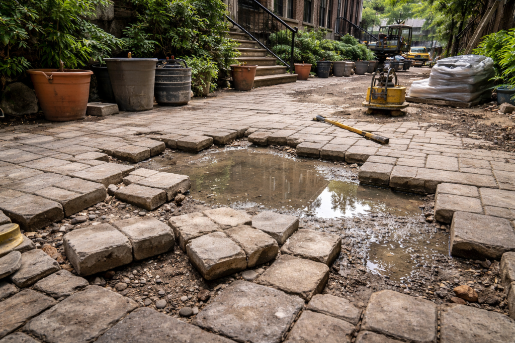Sunken NYC patio pavers with water pooling and base failure