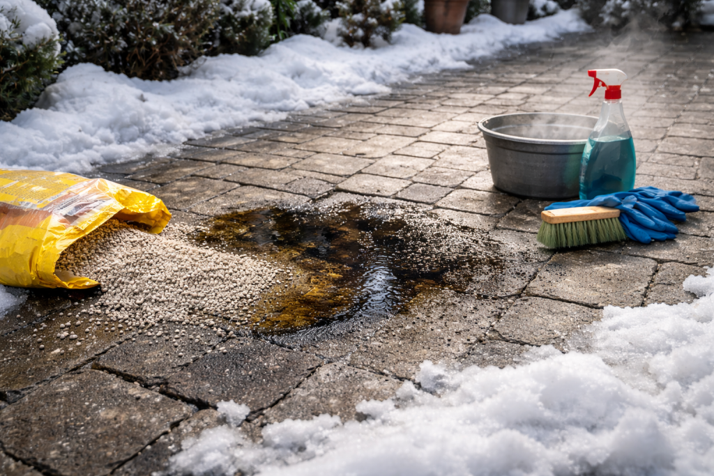 Oil stain on driveway pavers in freezing winter conditions
