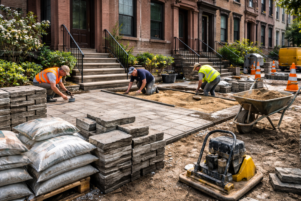 Paver contractors installing a residential patio in Brooklyn NYC, preparing the gravel base and laying concrete pavers outside a brownstone home
