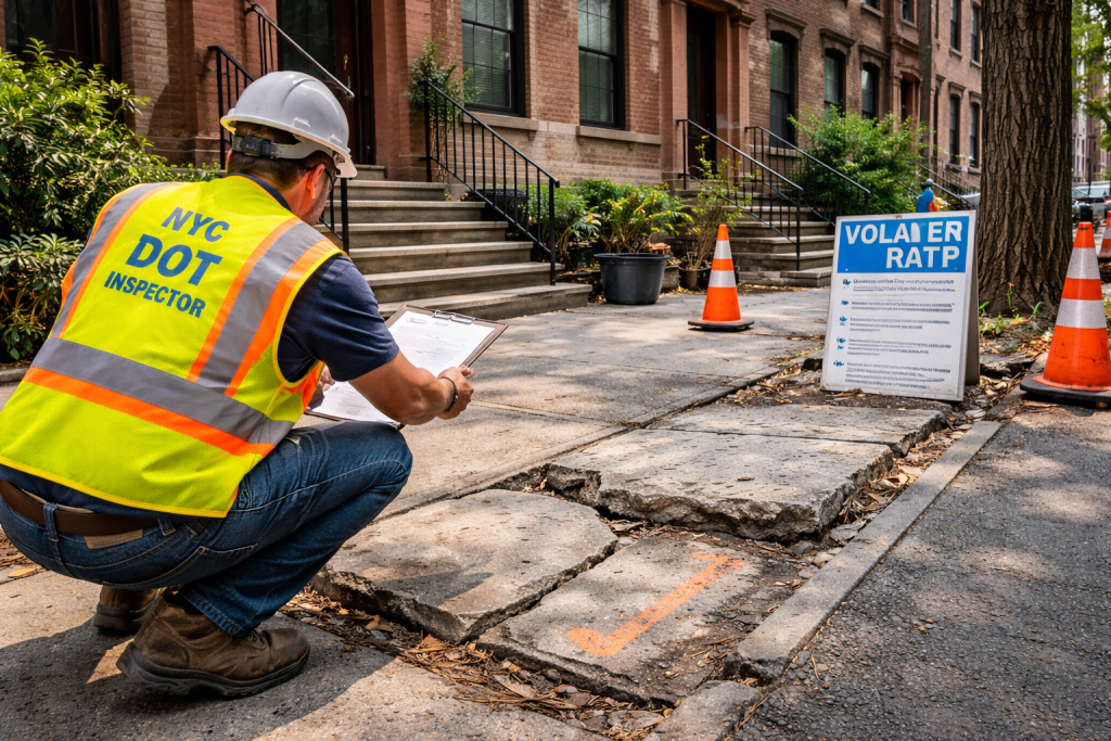 NYC DOT inspector checking cracked sidewalk in NYC