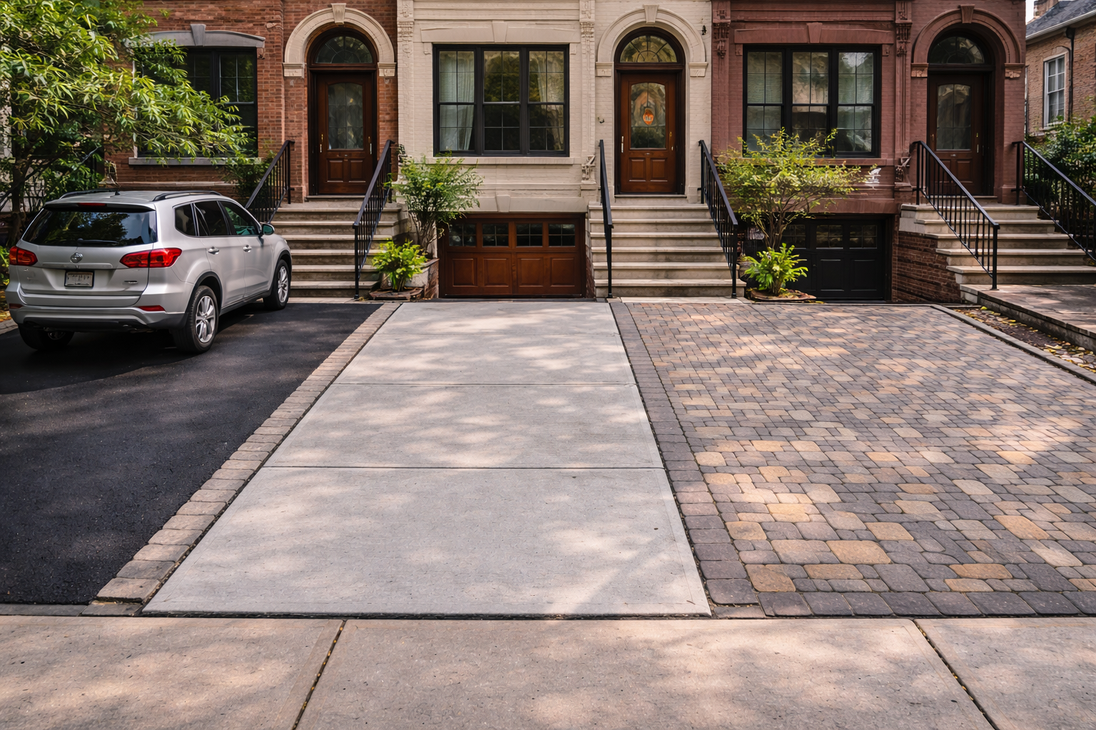 NYC driveway with asphalt, concrete, and pavers