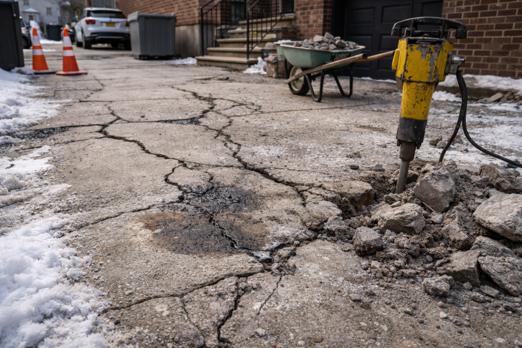 Severely cracked concrete driveway in NYC with visible wide fractures and surface deterioration caused by freeze-thaw cycles and long-term structural stress